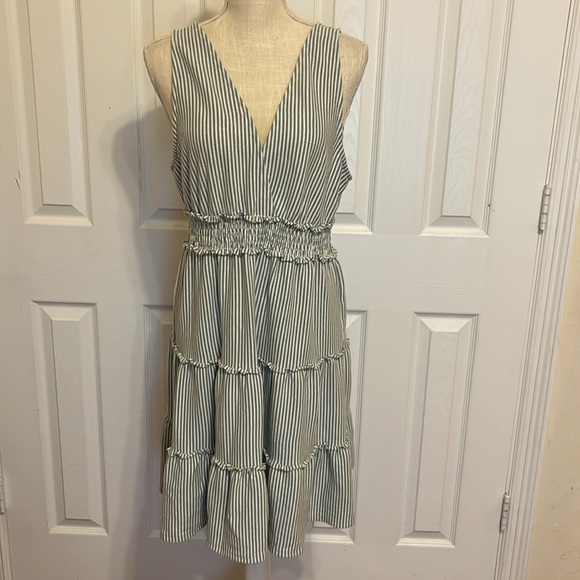 American Eagle Striped Tier Midi Dress/ White & Blue/ Size Large/ Stretch/Cotton - Picture 1 of 8